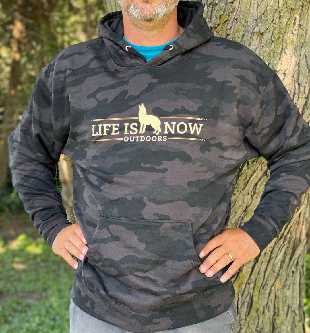 Life is Now Outdoors Coyote Logo Black Camo Hoodie Adult