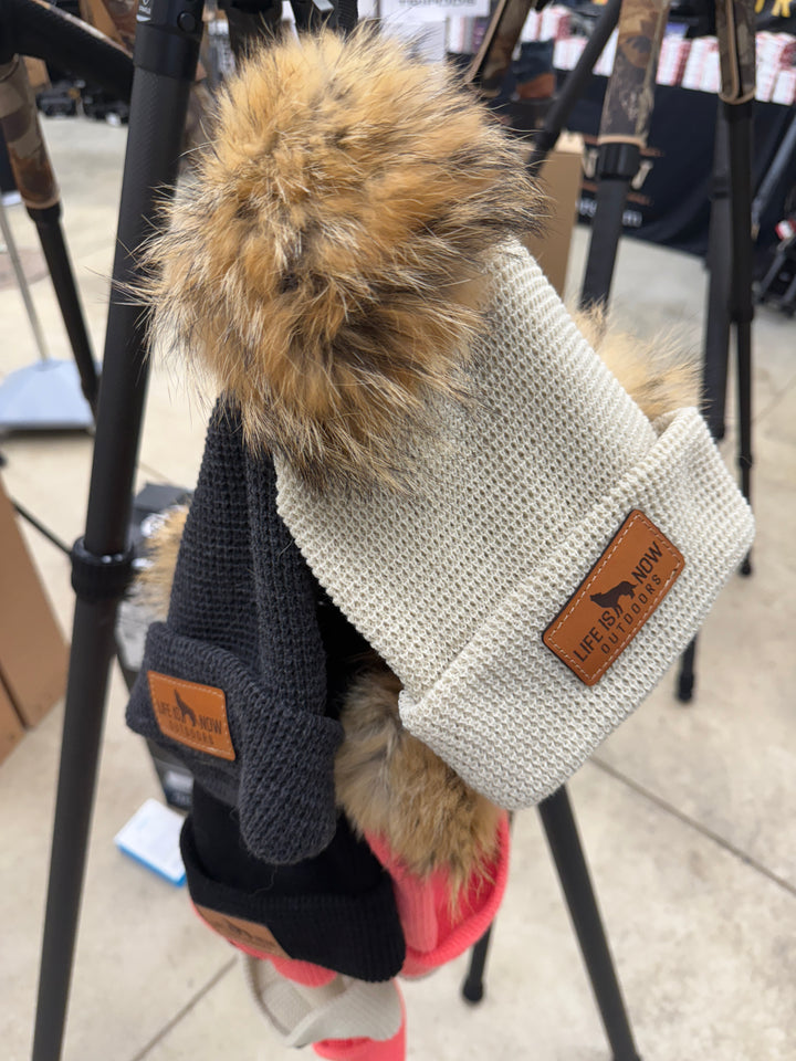 Life is Now Outdoors Knit Beenie with Real Coyote Fur Topper