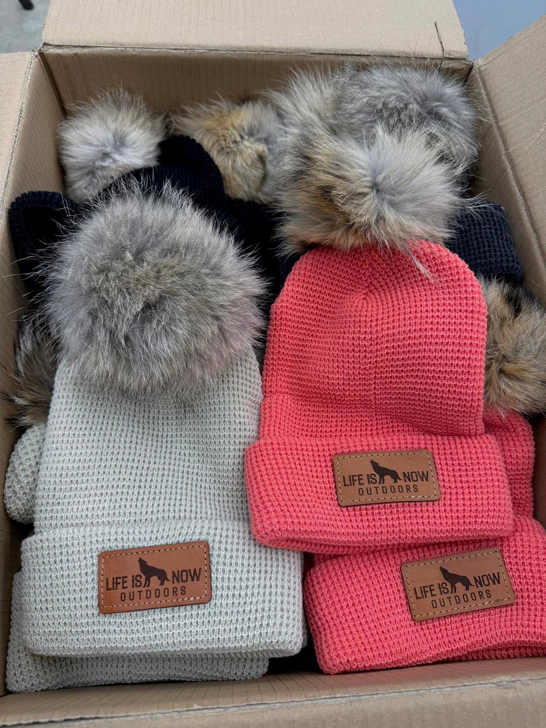 Life is Now Outdoors Knit Beenie with Real Coyote Fur Topper