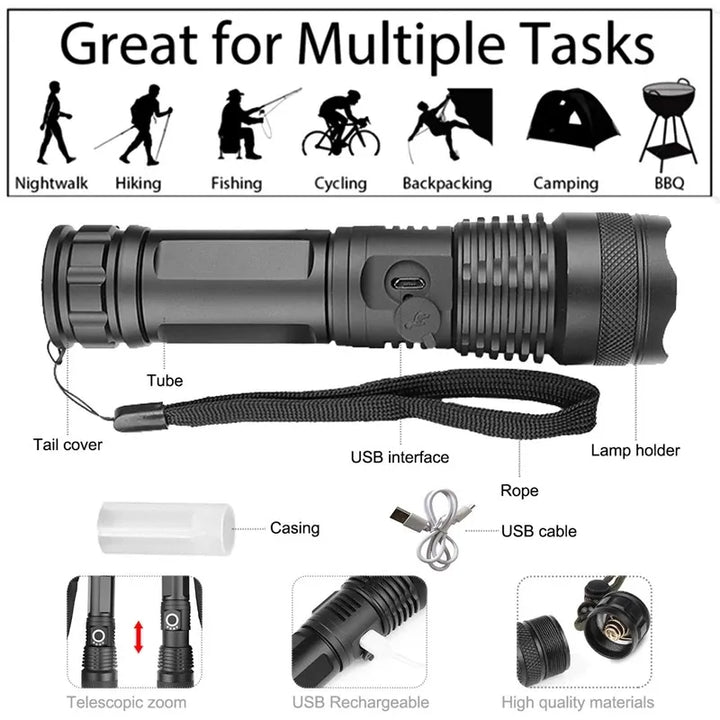 5 Mode LED Torch Zoomable Flashlight 100,000 LM XHP 50.3 Super BRIGHT USB Rechargeable