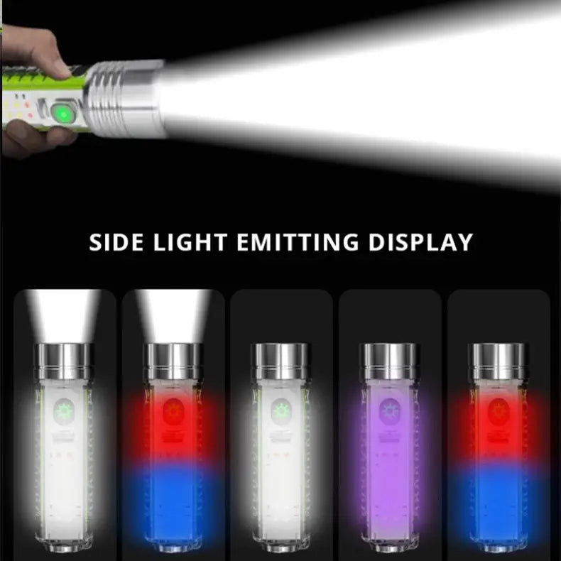 Super Bright LED Flashlight with White/Red/Blue/Purple Side Light Strong Magnets 30W LED Wick Lighting USB Rechargeable Lamp
